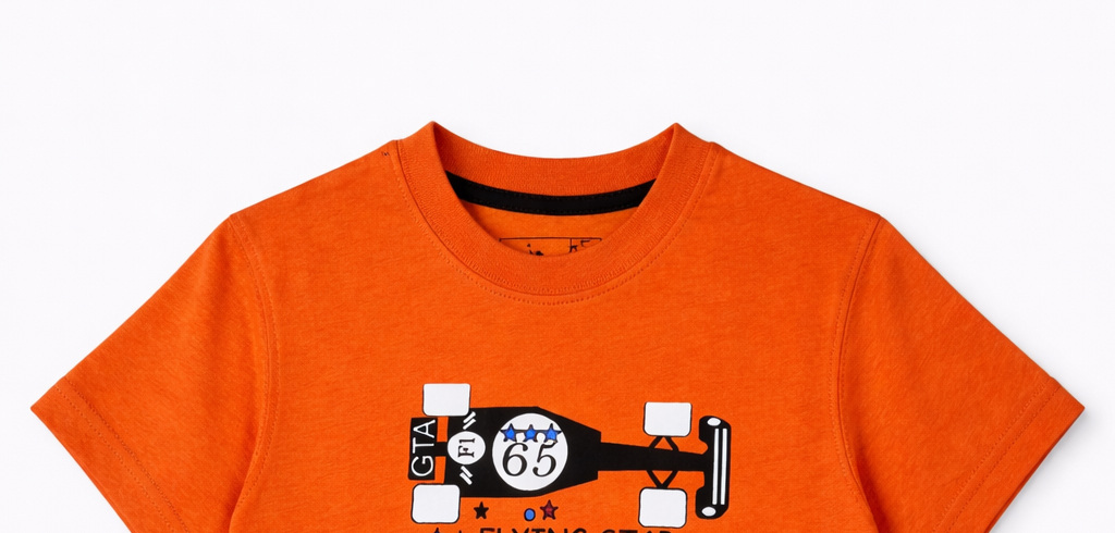 Boys Orange Racing Car Graphic T-Shirt – Soft Cotton Kids Casual Tee