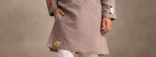 Boys Printed Kurta Trouser Set – Kids Eid Collection Kurta Pajama with Fun Stickers | Summer Boys Kurta Pakistan