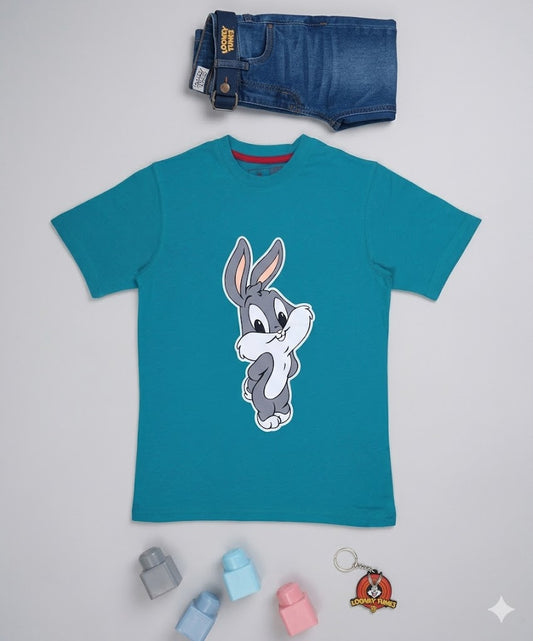 Kids Cartoon Bunny Printed T-Shirt – Soft Cotton Teal Boys Graphic Tee | Summer Casual Kids Wear Pakistan