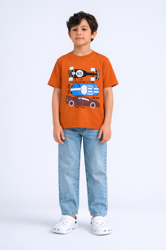 Boys Orange Racing Car Graphic T-Shirt – Soft Cotton Kids Casual Tee