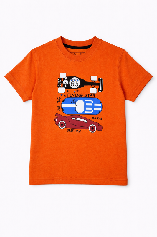 Boys Orange Racing Car Graphic T-Shirt – Soft Cotton Kids Casual Tee