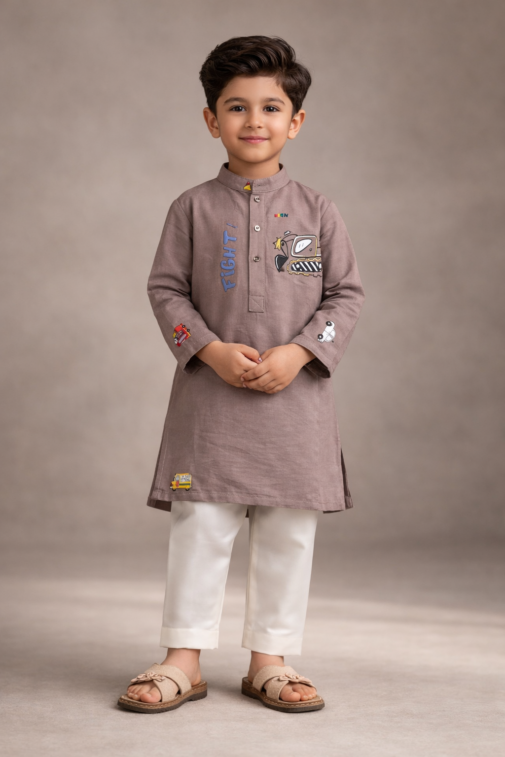Boys Printed Kurta Trouser Set – Kids Eid Collection Kurta Pajama with Fun Stickers | Summer Boys Kurta Pakistan