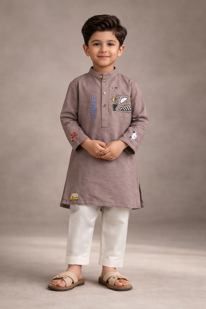 Boys Printed Kurta Trouser Set – Kids Eid Collection Kurta Pajama with Fun Stickers | Summer Boys Kurta Pakistan