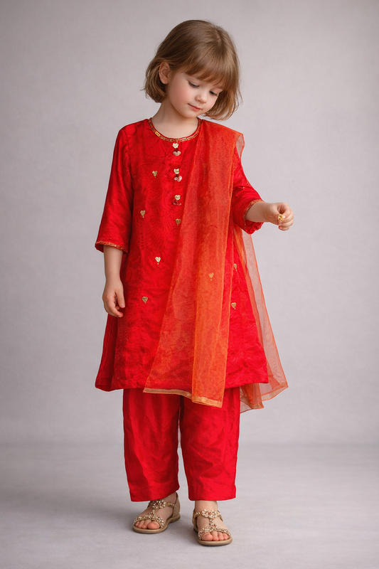 Girls Red Kurta Trouser with Dupatta | Pure Fabric Kids Eid Collection Dress