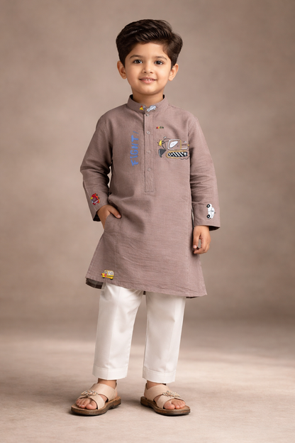 Boys Printed Kurta Trouser Set – Kids Eid Collection Kurta Pajama with Fun Stickers | Summer Boys Kurta Pakistan