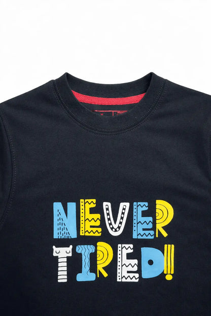 Boys navy Never Tired slogan print close-up detail kids t-shirt — MiMo Pakistan