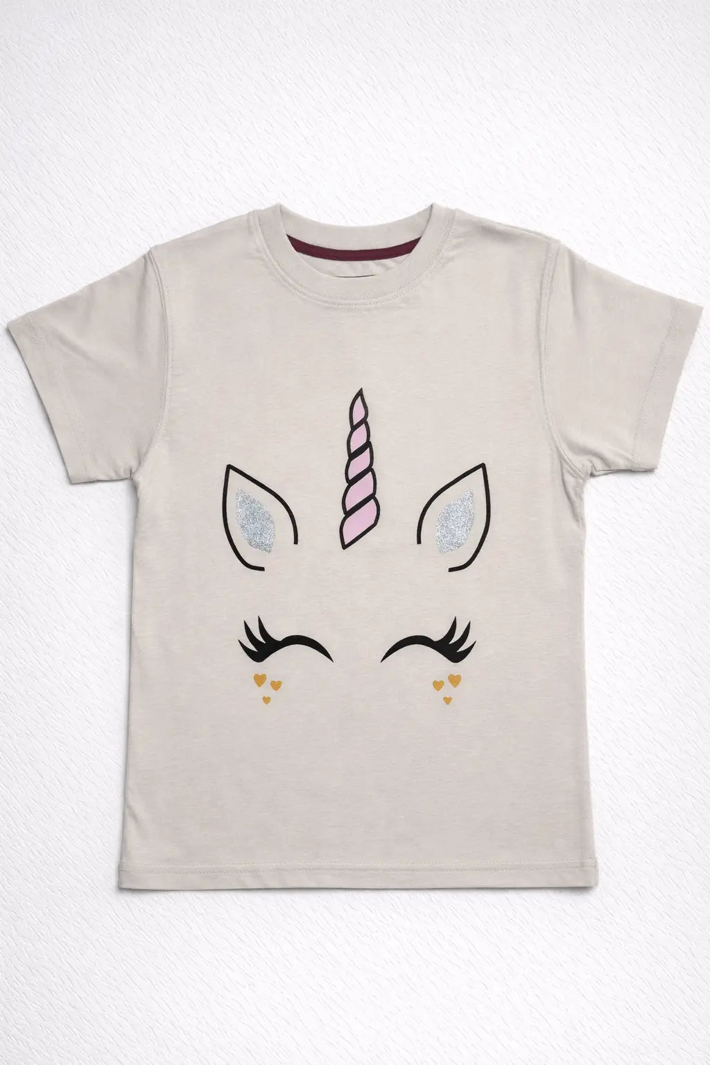 Kids beige unicorn face printed t-shirt front view cotton wear — MiMo Pakistan
