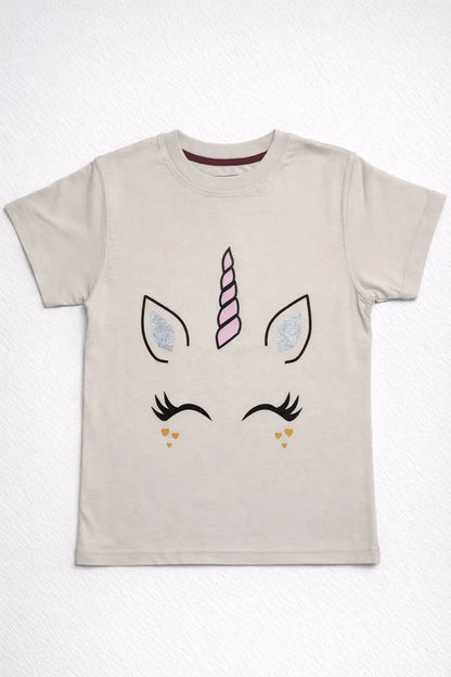 Kids beige unicorn face printed t-shirt front view cotton wear — MiMo Pakistan