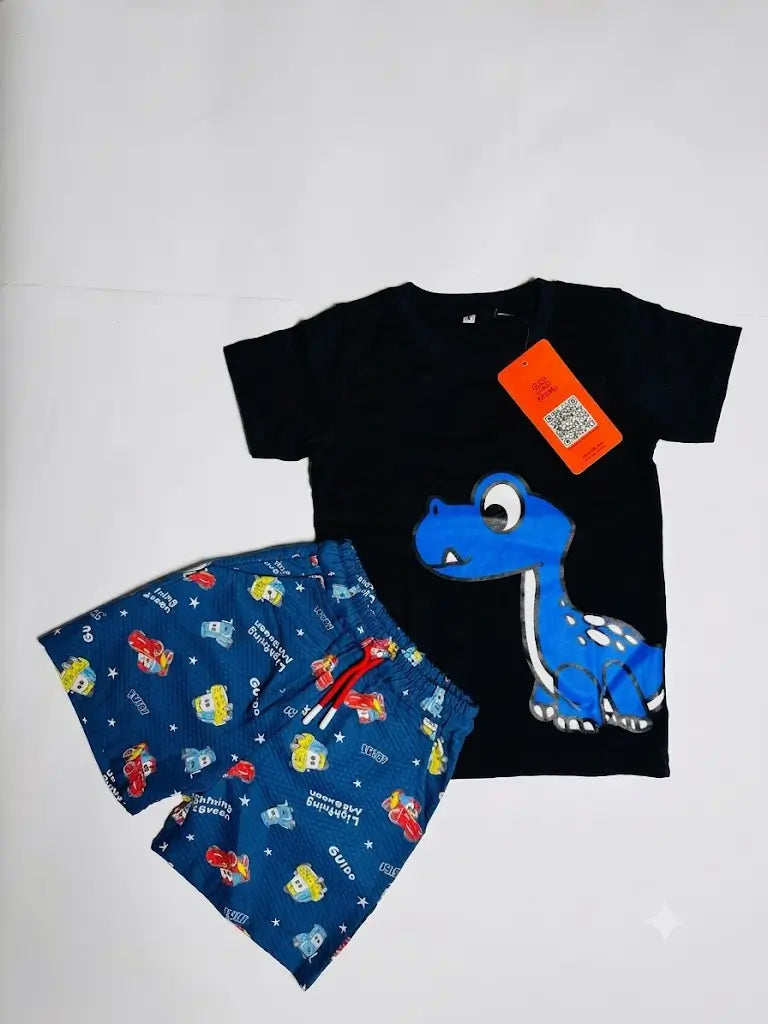 Boys Black Dinosaur Coord Set | Matching T-Shirt Shorts | Kids Summer Wear | Mi&Mo Pakistan