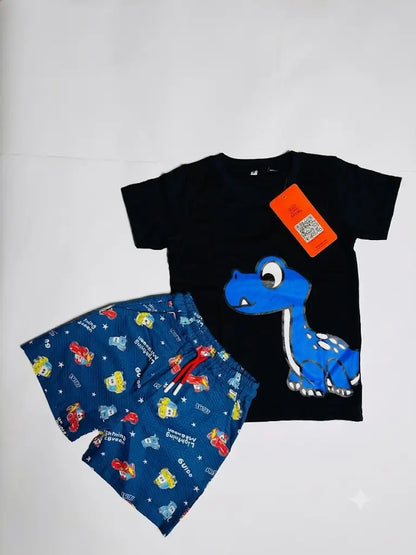 Boys Black Dinosaur Coord Set | Matching T-Shirt Shorts | Kids Summer Wear | Mi&Mo Pakistan