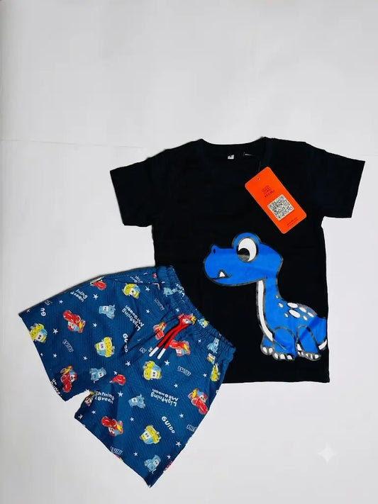 Boys Black Dinosaur Coord Set | Matching T-Shirt Shorts | Kids Summer Wear | Mi&Mo Pakistan