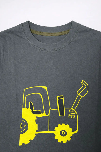 Boys grey t-shirt yellow tractor print close-up kids summer wear — MiMo Pakistan