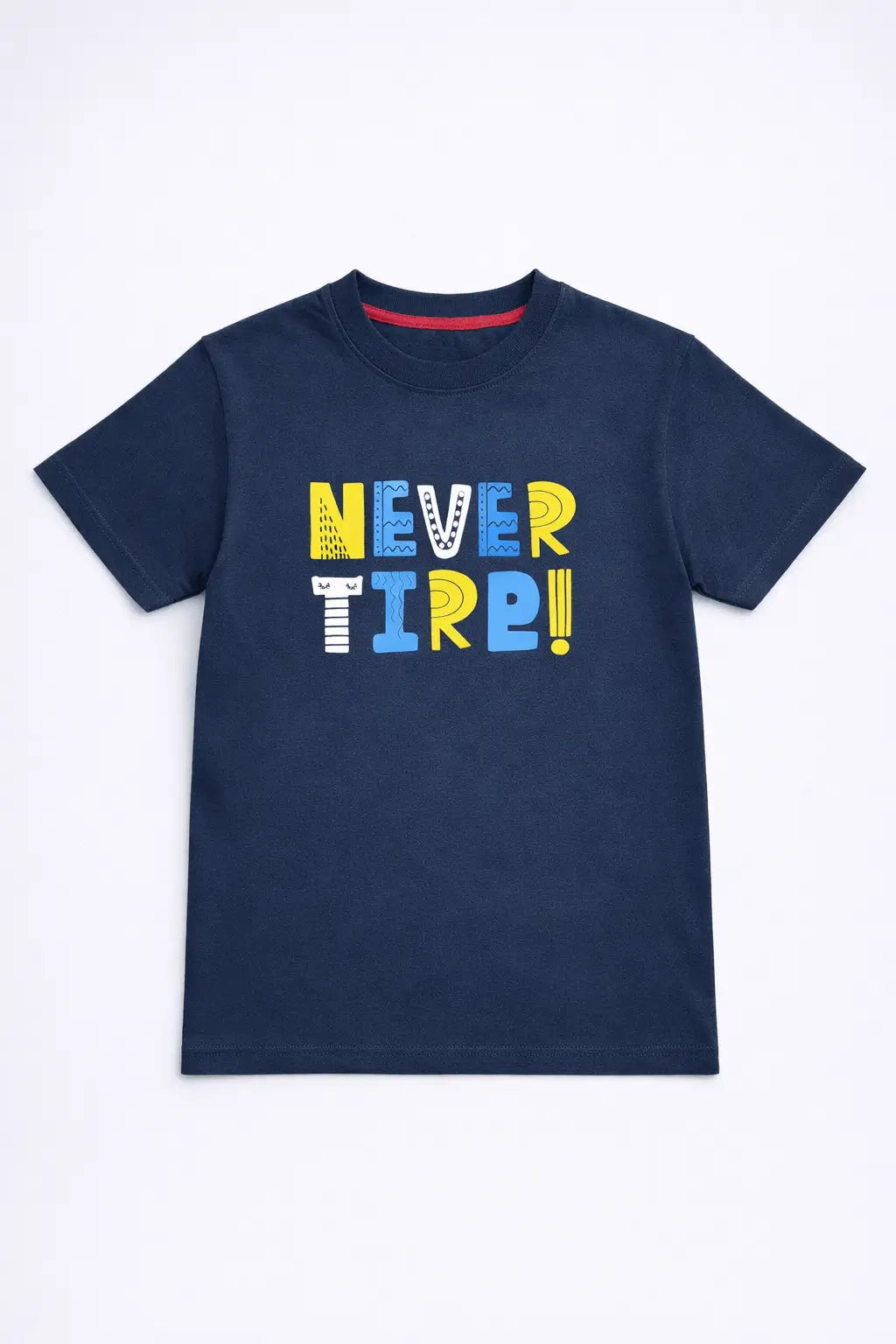 Boys navy Never Tired printed graphic t-shirt front view kids wear — MiMo Pakistan