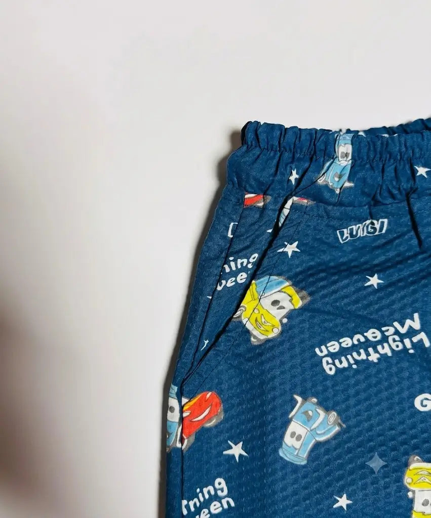 Boys blue cartoon shorts flat lay kids summer casual wear — MiMo Pakistan