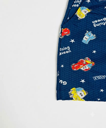 Boys blue shorts cartoon character print close-up kids summer wear — MiMo Pakistan