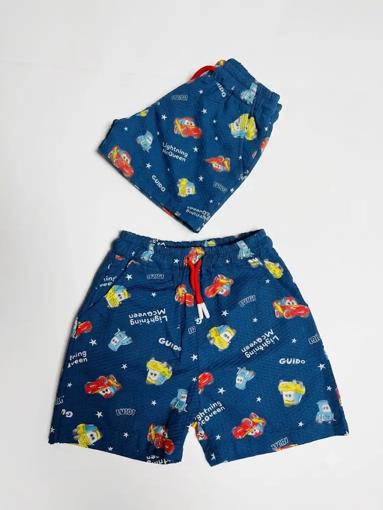 Boys blue shorts cartoon character print close-up kids summer wear — MiMo Pakistan