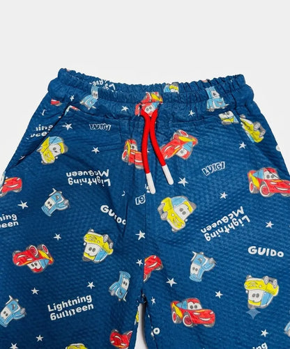 Boys blue cartoon character printed shorts front view kids summer wear — MiMo Pakistan