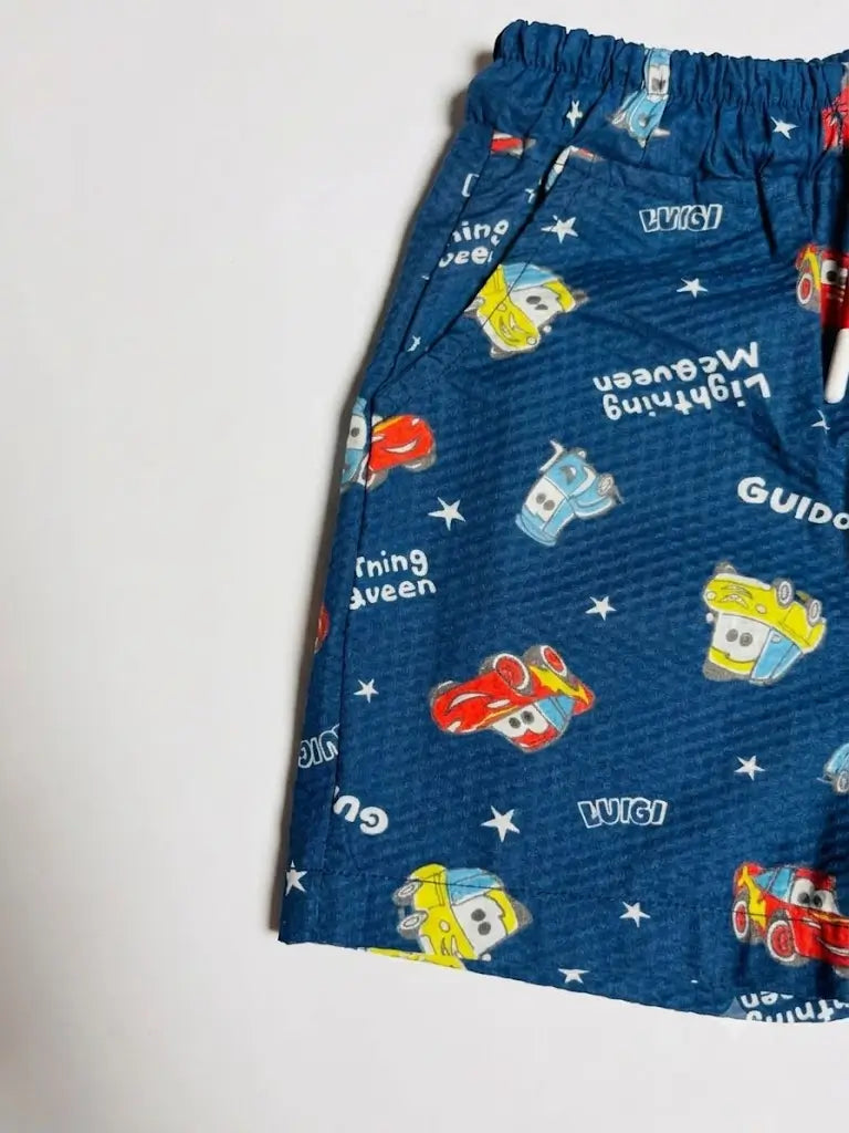 Boys blue printed shorts detail view kids cotton summer wear — MiMo Pakistan