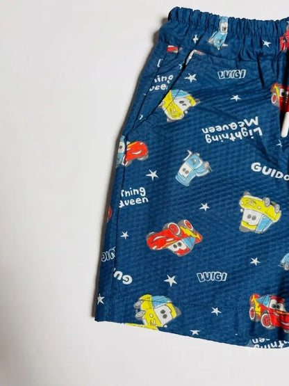 Boys blue cartoon printed shorts side detail kids casual wear — MiMo Pakistan
