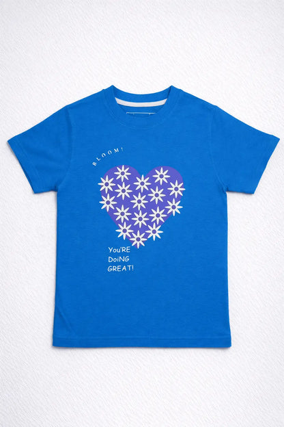 Boys blue heart flower printed t-shirt front view kids cotton wear — MiMo Pakistan