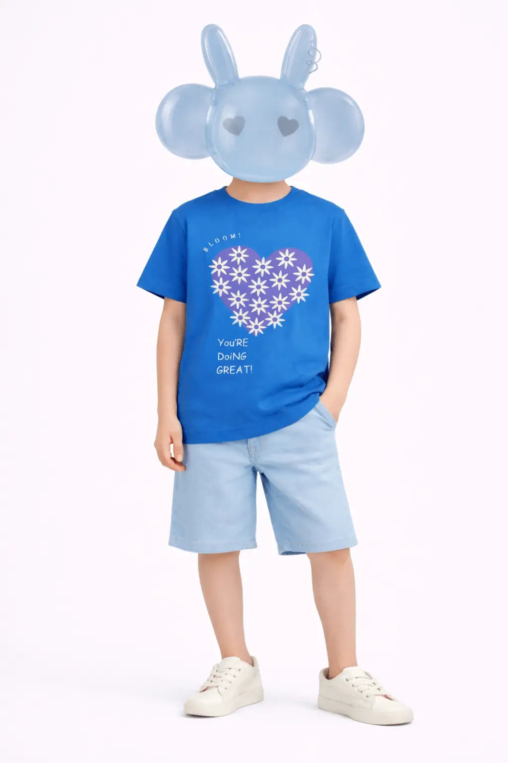 Boys blue floral heart printed t-shirt with grey shorts kids casual outfit — MiMo Pakistan