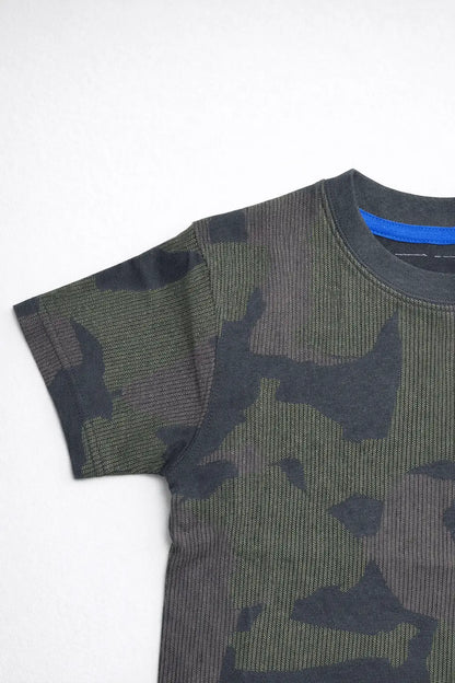 Boys green camo printed t-shirt side view soft cotton kids wear — MiMo Pakistan