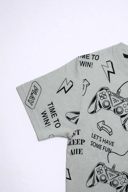 Boys grey game controller print close-up kids t-shirt summer wear — MiMo Pakistan