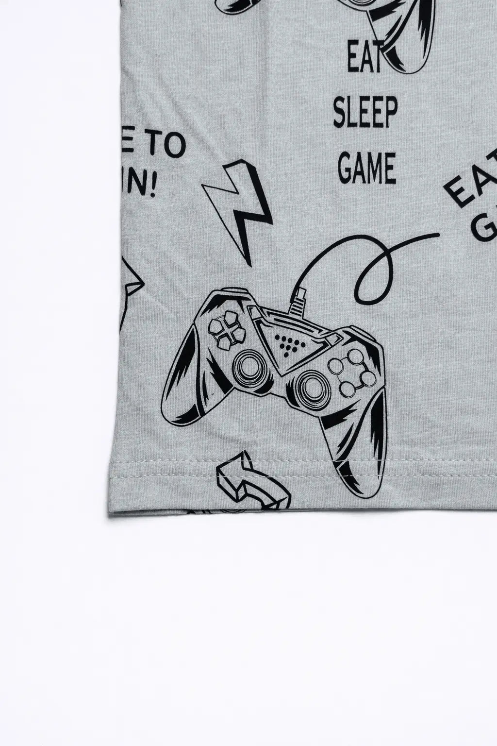 Boys grey all-over gaming print t-shirt front view kids cotton wear — MiMo Pakistan