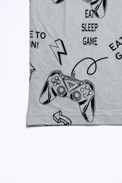 Boys grey all-over gaming print t-shirt front view kids cotton wear — MiMo Pakistan