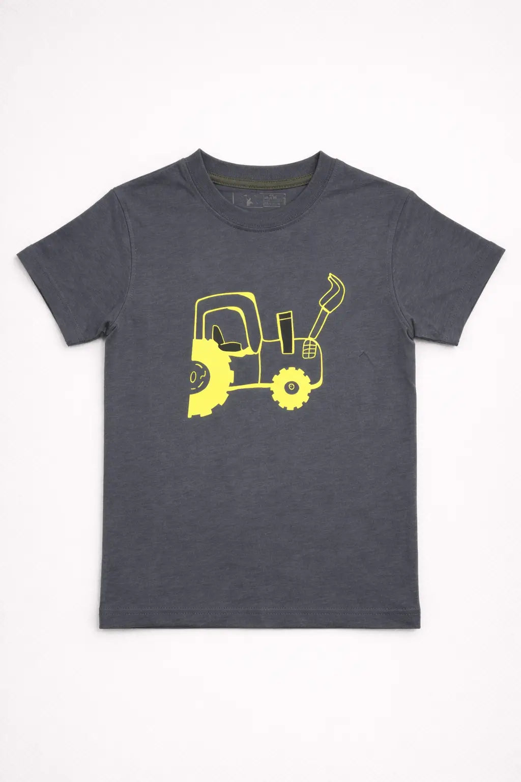 Boys grey yellow tractor printed t-shirt front view kids cotton wear — MiMo Pakistan