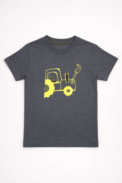 Boys grey yellow tractor printed t-shirt front view kids cotton wear — MiMo Pakistan