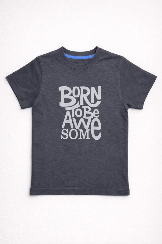 Boys black Born To Be Awesome slogan t-shirt front view kids cotton wear — MiMo Pakistan