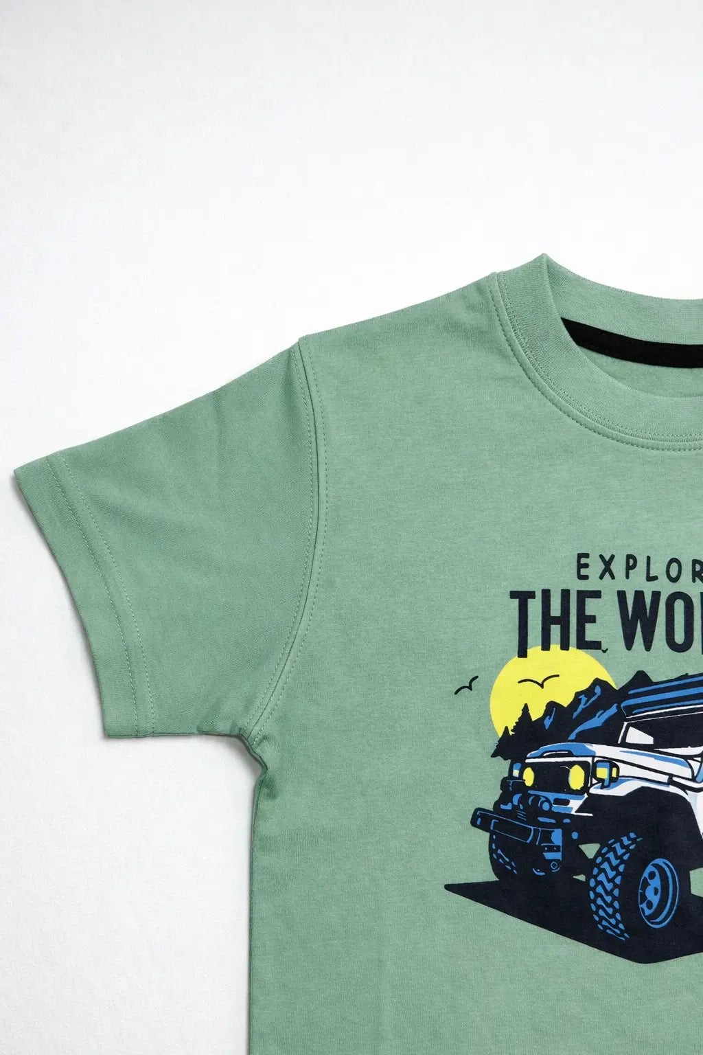 Boys green jeep printed t-shirt side view kids casual wear — MiMo Pakistan