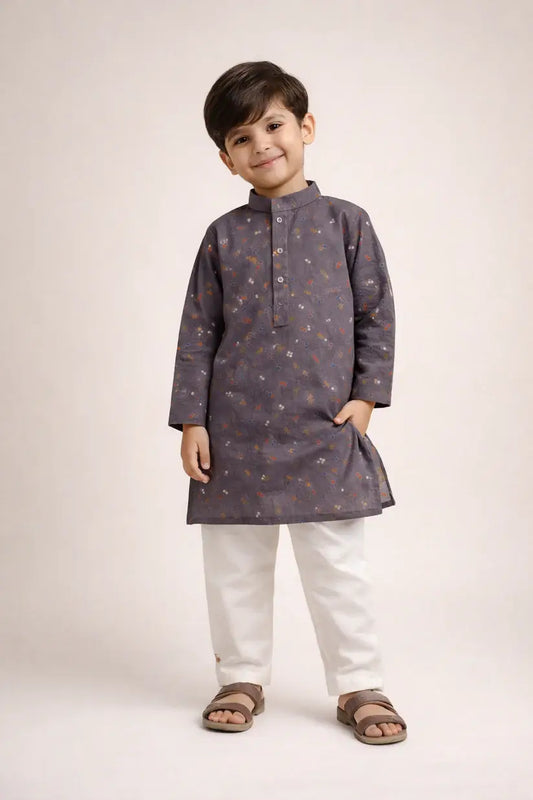 Boys grey printed kurta trouser set kids Eid traditional outfit — MiMo Pakistan