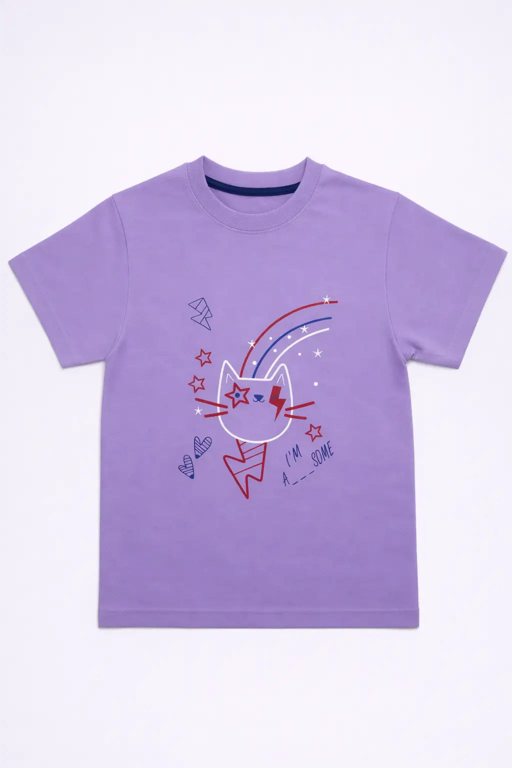 Boys lavender cat printed graphic t-shirt front view kids cotton wear — MiMo Pakistan