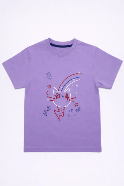 Boys lavender cat printed graphic t-shirt front view kids cotton wear — MiMo Pakistan