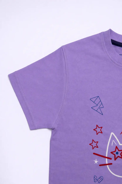Boys lavender cat printed t-shirt side view soft cotton kids wear — MiMo Pakistan
