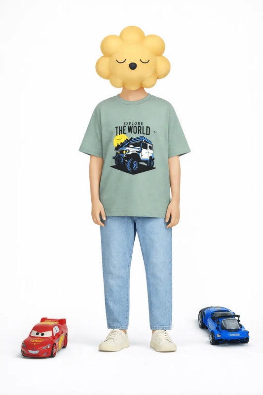 Boys green jeep printed t-shirt with jeans kids casual outfit — MiMo Pakistan