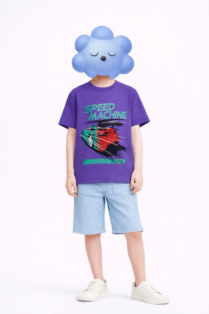 Boys purple Speed Machine racing car graphic t-shirt with grey shorts kids outfit — MiMo Pakistan