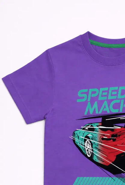 Boys purple t-shirt Speed Machine racing car graphic print close-up kids — MiMo Pakistan
