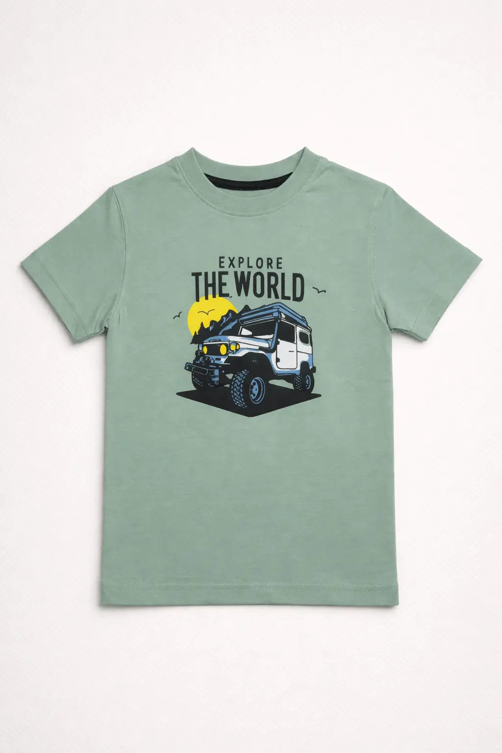 Boys green jeep graphic t-shirt front view kids cotton wear — MiMo Pakistan