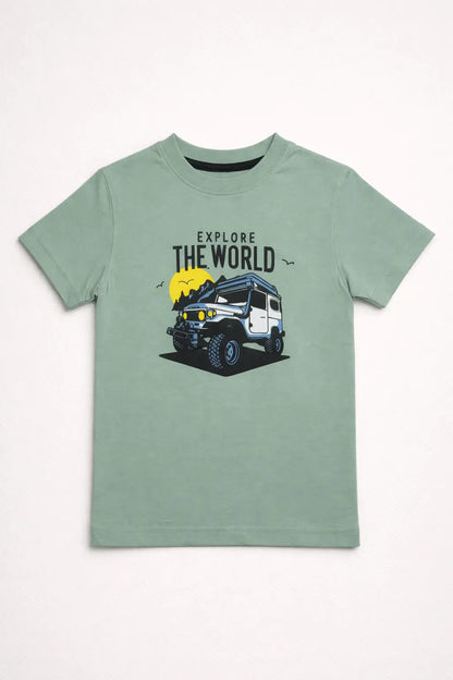 Boys green jeep graphic t-shirt front view kids cotton wear — MiMo Pakistan