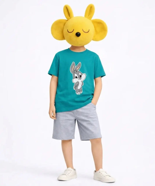 Boys teal cartoon rabbit printed t-shirt with grey shorts kids casual outfit — MiMo Pakistan