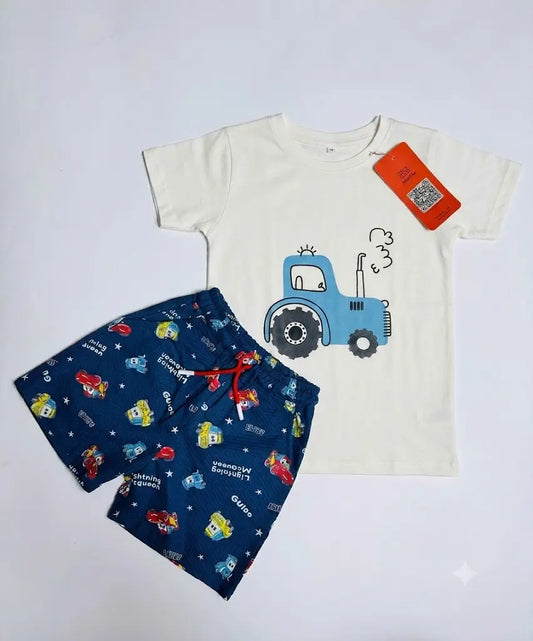 Boys white tractor printed t-shirt blue shorts coord set kids summer wear — MiMo Pakistan