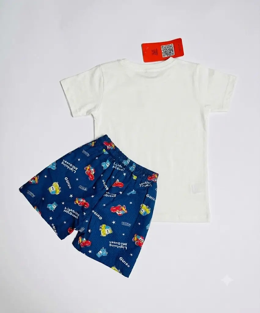 Boys blue cartoon printed shorts front view kids summer casual wear — MiMo Pakistan