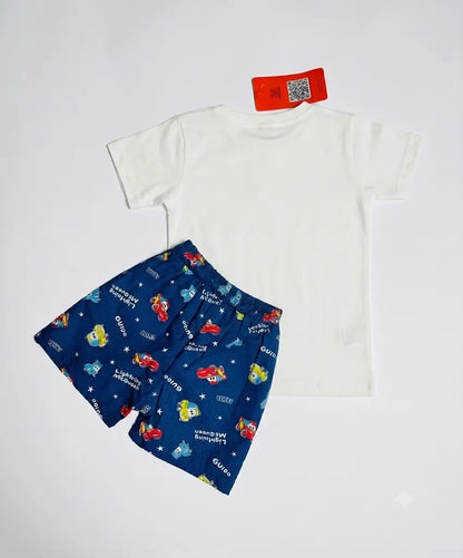 Boys blue cartoon printed shorts front view kids summer casual wear — MiMo Pakistan