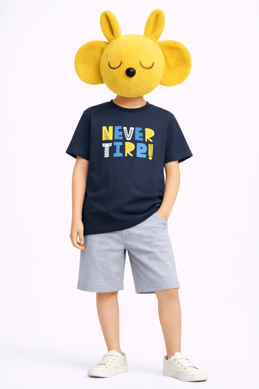 Boys navy Never Tired graphic t-shirt with grey shorts kids casual outfit — MiMo Pakistan