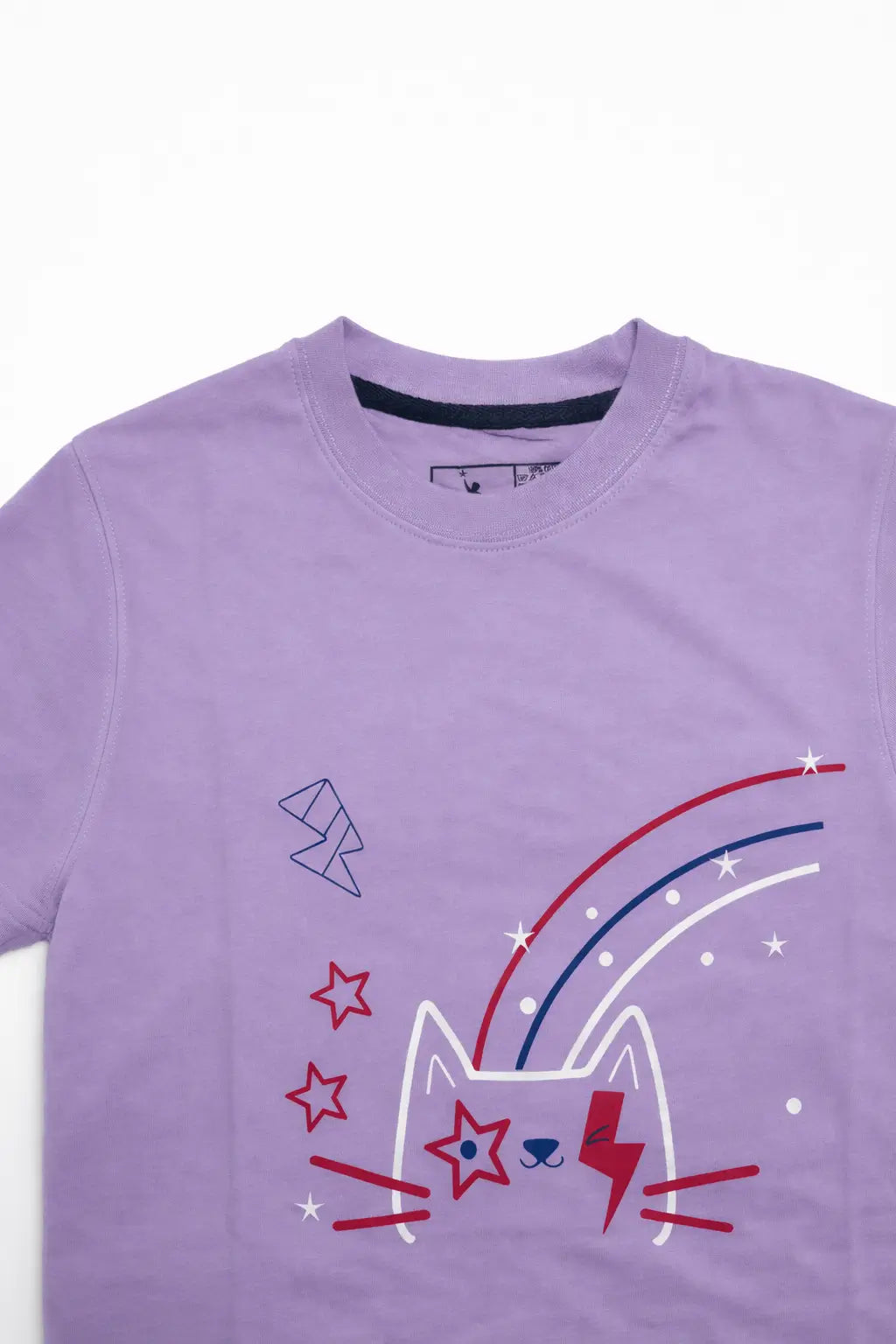 Boys lavender t-shirt cute cat rainbow print close-up kids summer wear — MiMo Pakistan