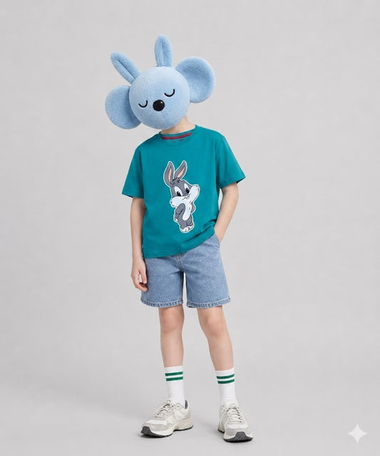 Kids Cartoon Bunny Printed T-Shirt – Soft Cotton Teal Boys Graphic Tee | Summer Casual Kids Wear Pakistan