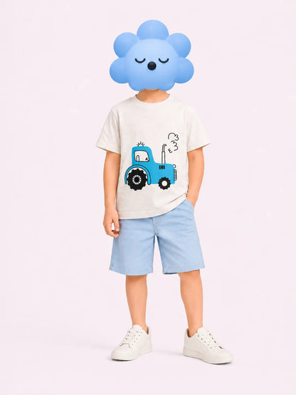 Kids Beige Tractor Graphic Unisex T-Shirt – Premium Casual Cotton Tee